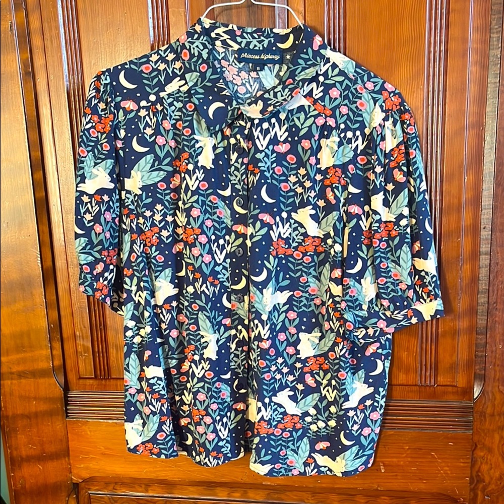 Princess Highway Midnight Rabbit blouse moon, moth, bunny, flower garden
